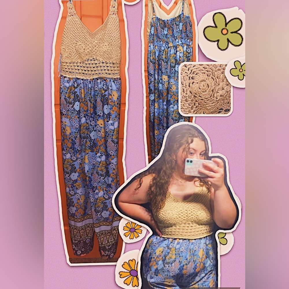 Floral flowy knit top wide leg jumpsuit